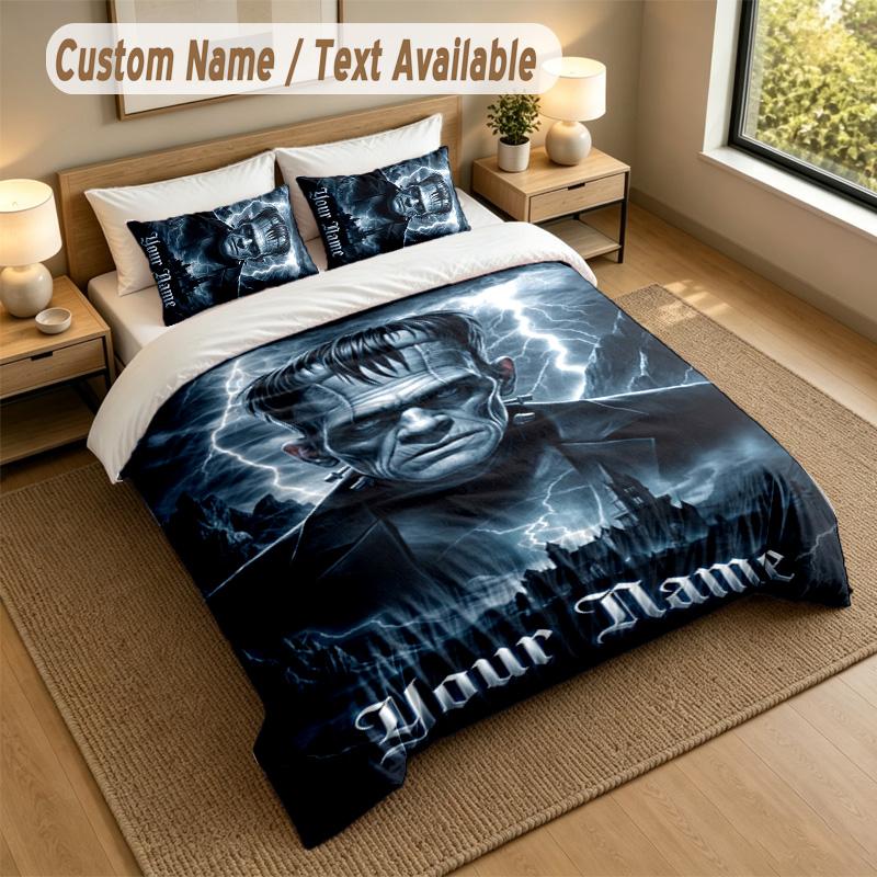 3Pcs Bedding Set Custom Name Text, 1 Sheet 2 Pillowcases Home Bed DecorFrankenstein's Monster