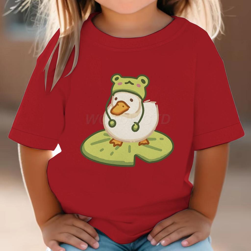 Duck In Frog Hat Cartoon Tshirts for Girl Boy Cute Duck Graphic Casual Tops Kawaii Animal Tee Cute Duck Design Toddler Wear