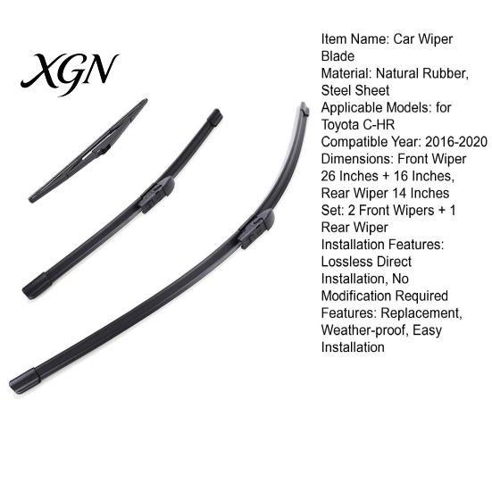 Durable Windshield Wipers 3Pcs/Set 26/16/11-Inch Wiper Blades for Toyota C-HR 2016-2020, All Weather Beam Replacement Front Rear Blades, Streak