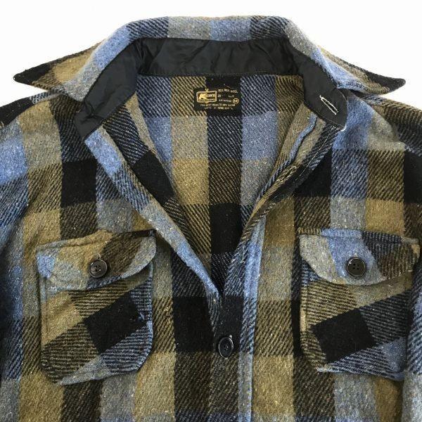 70. léta? Vintage Štítek/Kmart/Vlněná košilová bunda/Pánská M/Modrá×Béžová/Kostkovaný vzor/Svrchní/Pracovní overal(POUŽITÝ)