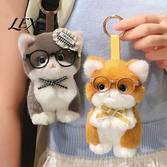 Plushie Gift for Girls Cute Plush Kitten Pendant with Glasses And Tie, Soft Stuffed Animal Toy Accessory Keychain Backpacks Keys, Decorative