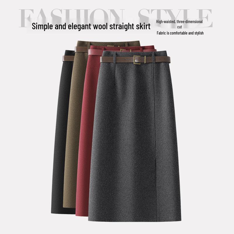 Women's Gray Wool A-line Slit Skirt: Elegant Hip-Hugging Style for Autumn/Winter 2025