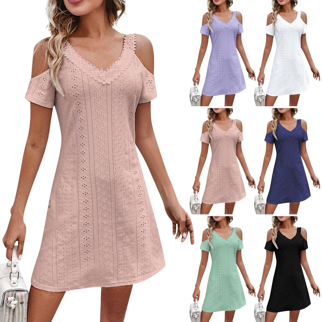 Women's Summer Fashion Casual Vacation V-Neck Strapless Short Sleeve Dresses