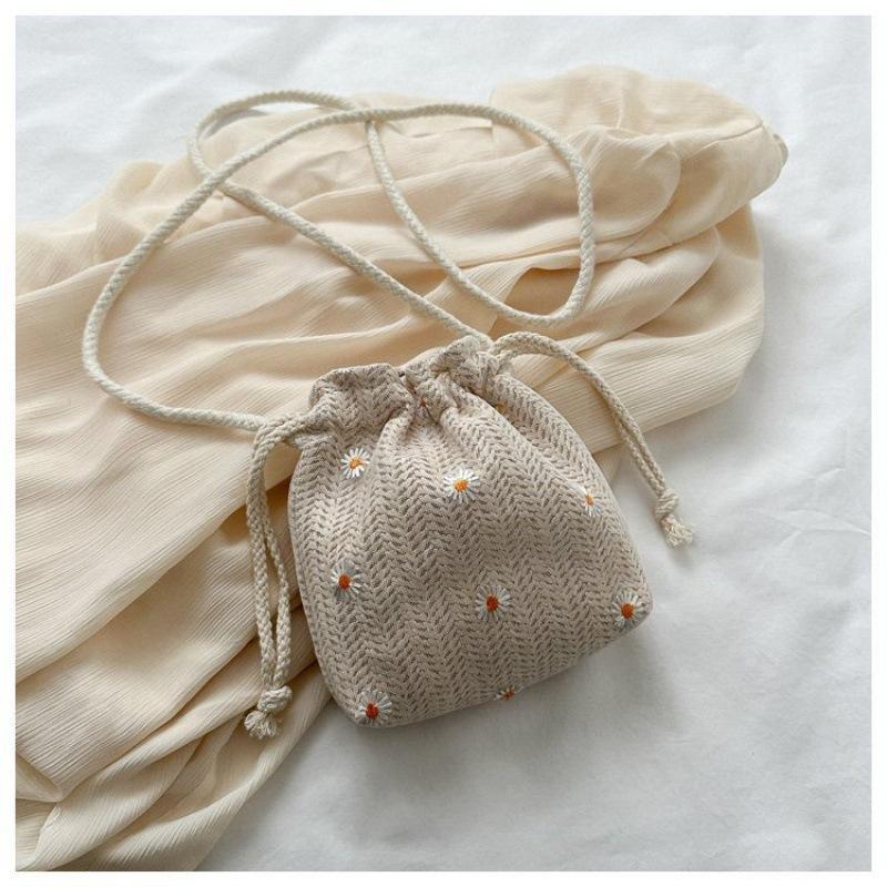 Woven Bag Women'S Trendy Fashion Lace Versatile Drawstring Bucket Bag One Shoulder Crossbody Straw Woven Bag