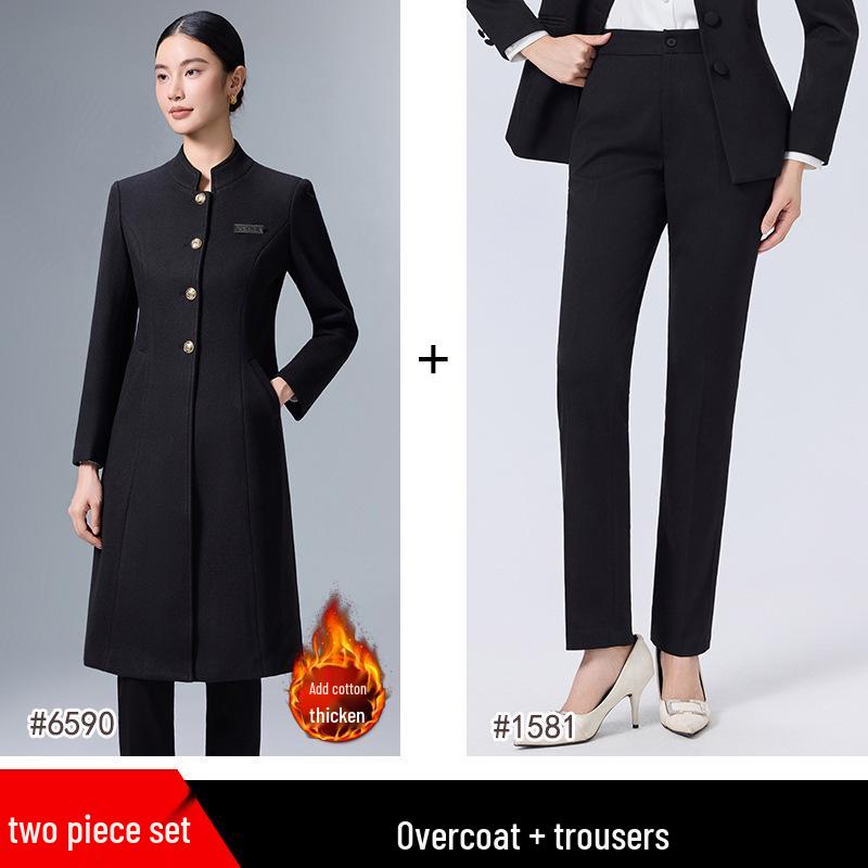 Women's Mid-Length Professional Stand-Collar Wool Coat - Winter Receptionist and Sales Workwear.