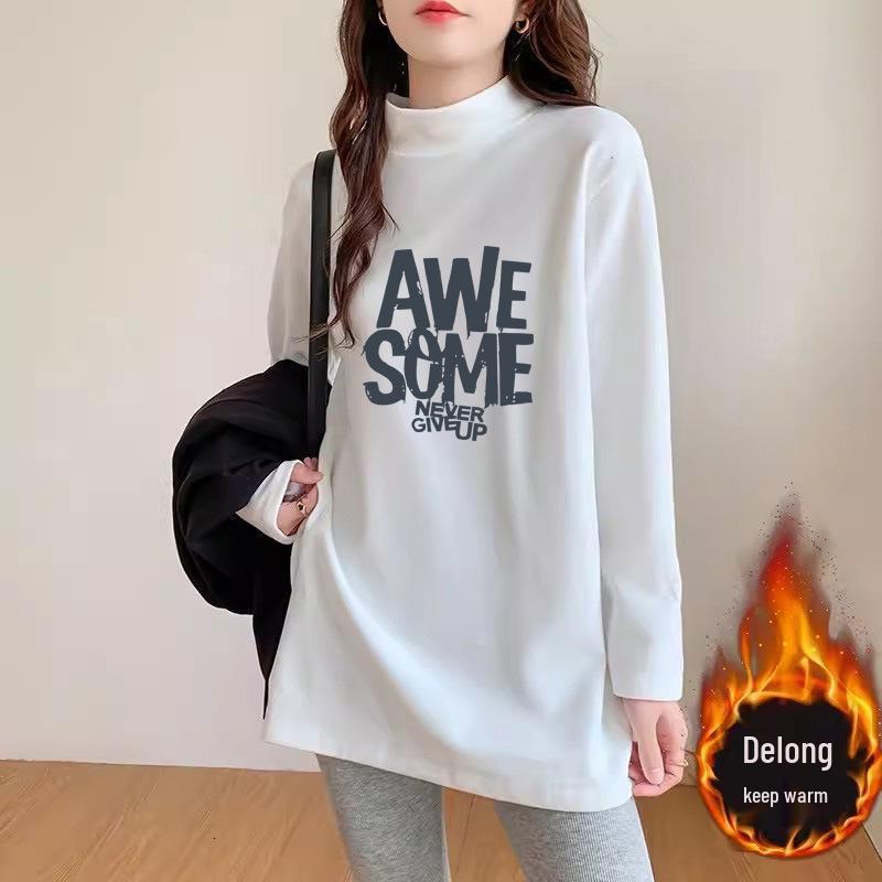 Black Semi-High Neck Long-Sleeve T-Shirt: Women's Mid-Length Velvet Blend for Spring/Autumn 2025.