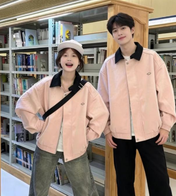 Вышитая ретро-мотокуртка под замшу для пар XL розовый