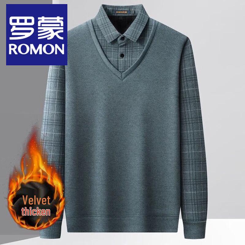 

Romon Men s Faux Two-Piece Shirt Collar Knit Sweater 4XL