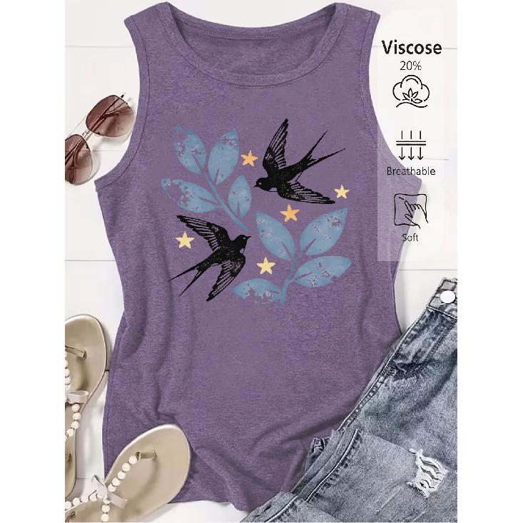 2026 Trendy Vintage Swallow Leaf Star Print Women Sleeveless Tank Top High Quality Casual Spring Summer Vest