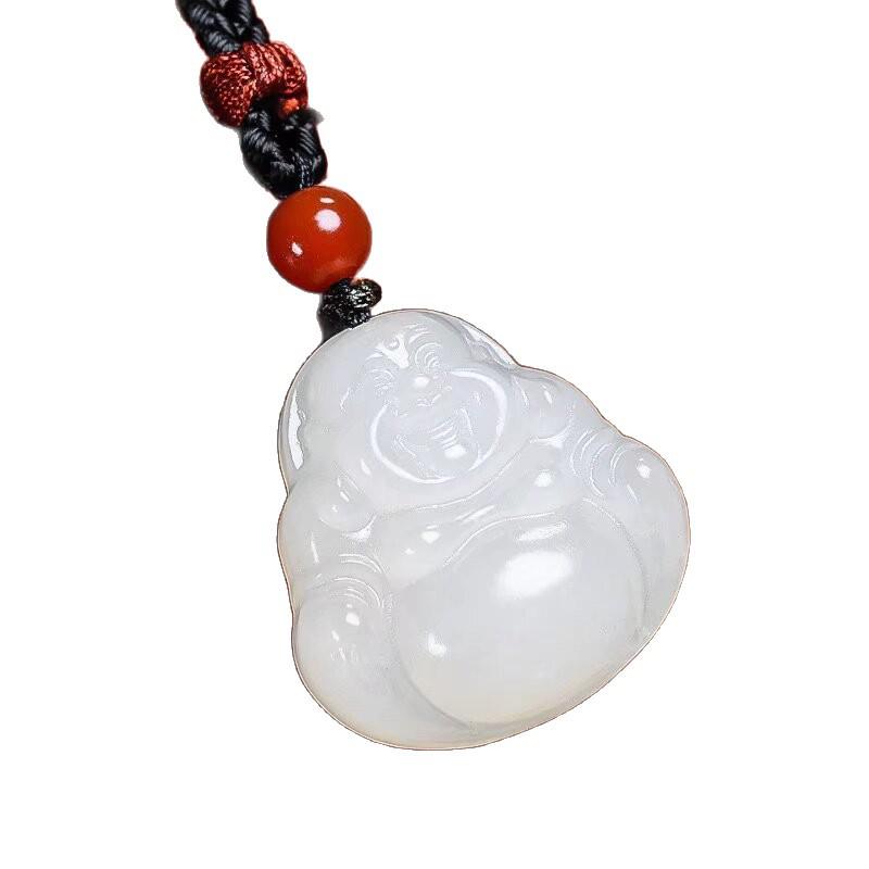 Hetian Jade Mutton Fat White Maitreya Buddha Pendant for Women - Laughing Buddha Necklace