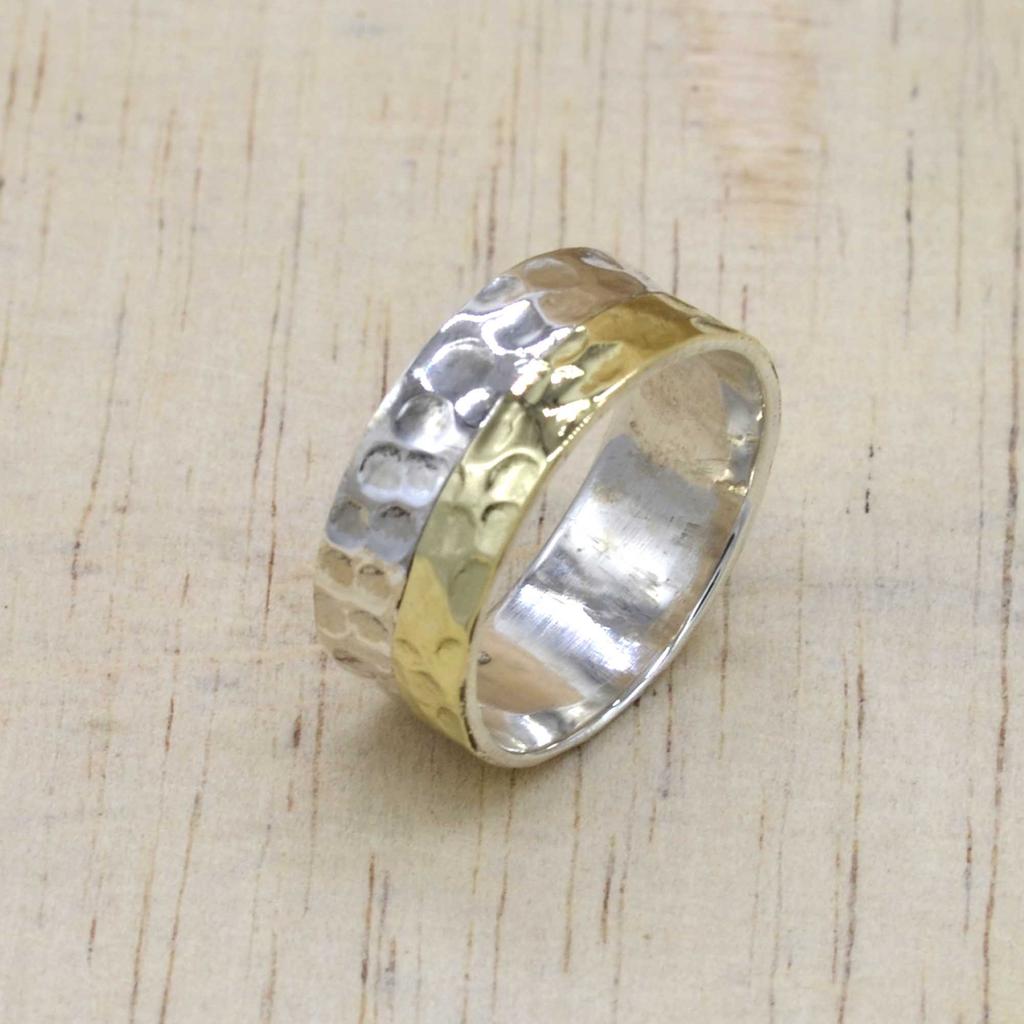 Two Tone Band Silver Ring For Man Engagement Jewelry, Sterling Solid Silver Hammered Handmade, Unique Gift For Him