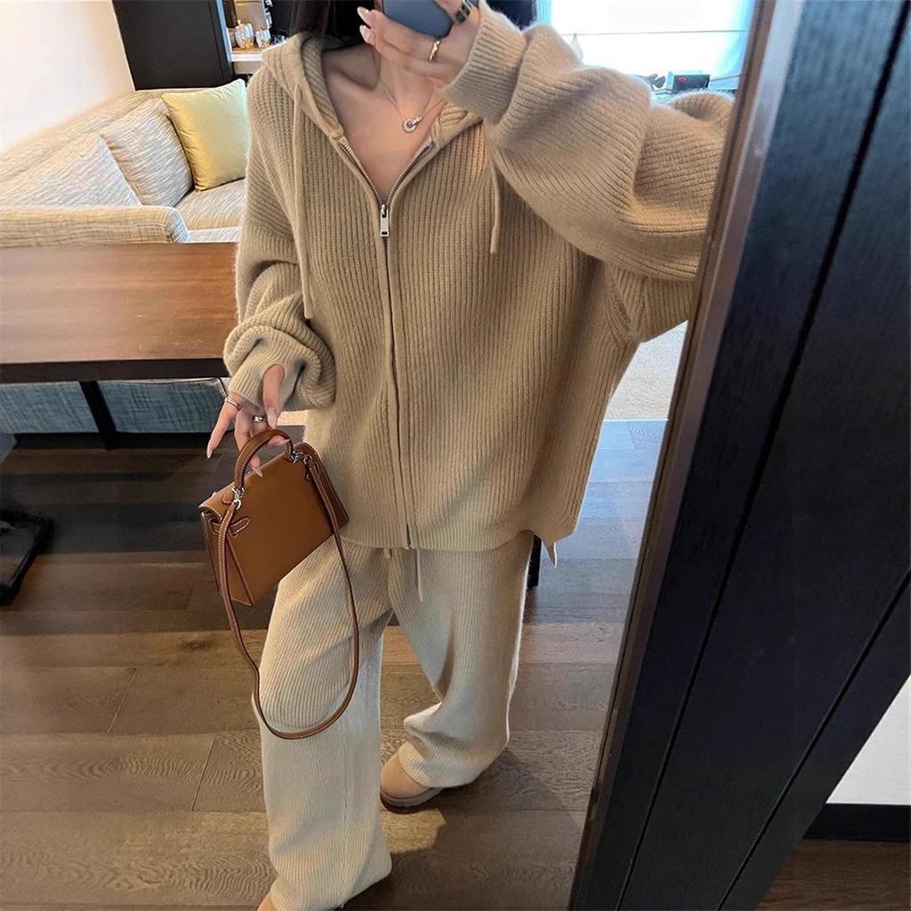 Autumn European Lazy Style Zippered Hooded Cardigan Sweater Set for Women
