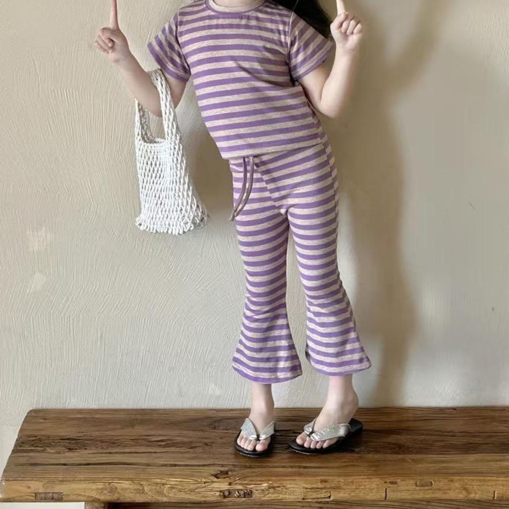 

Summer Girls Trendy Korean Style Striped T-shirt & Flare Pants Set 130 cm фиолетовый