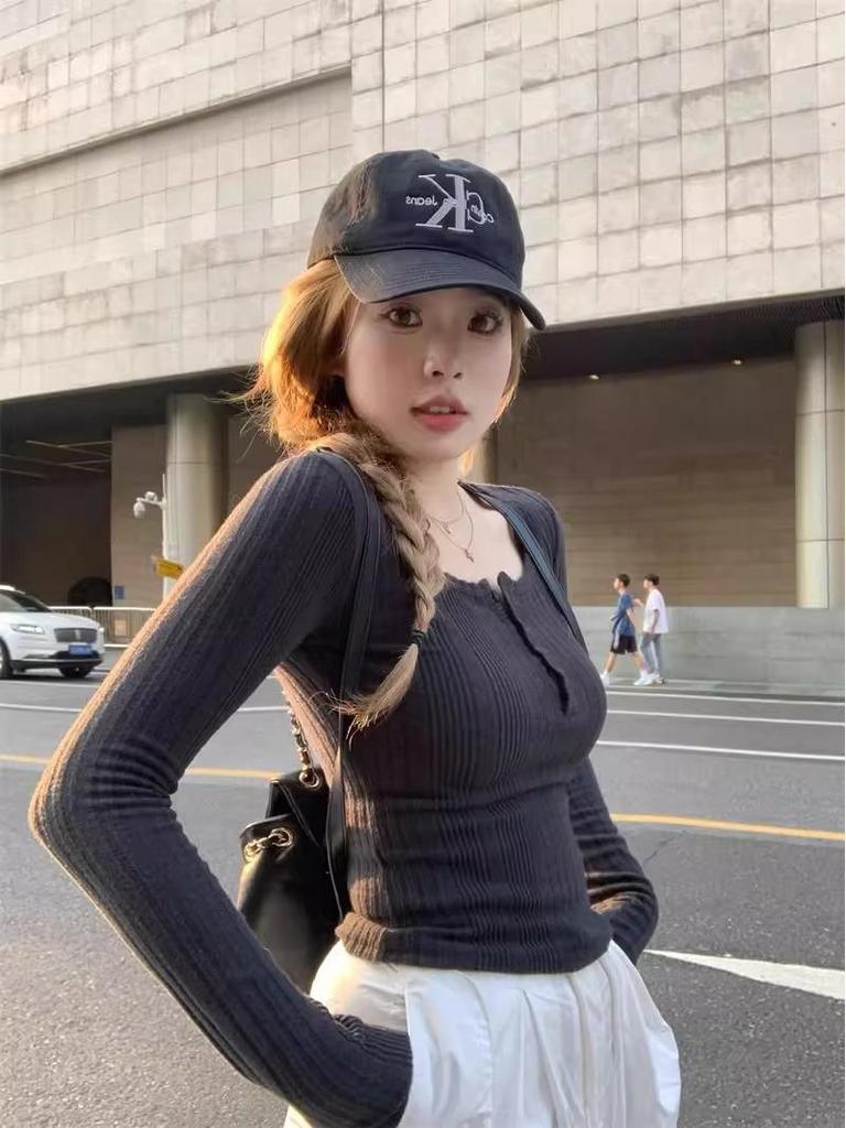 Women's Korean Style Slim-Fit Ribbed T-Shirt: Spicy Girl Half-Open Collar, Long-Sleeved, Autumn/Winter