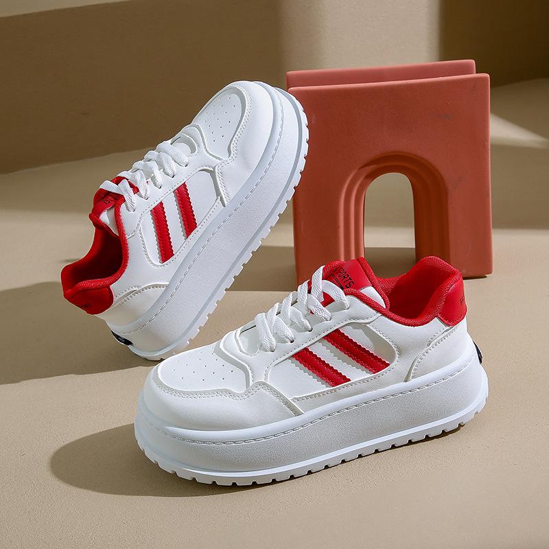 Mode Damen Sneaker 2024 Herbst Dicke Sohle Weiß Neue Freizeitschuhe Mesh Atmungsaktiv Schnürung Komfort Rutschfest Streifen Skateboard Schuhe