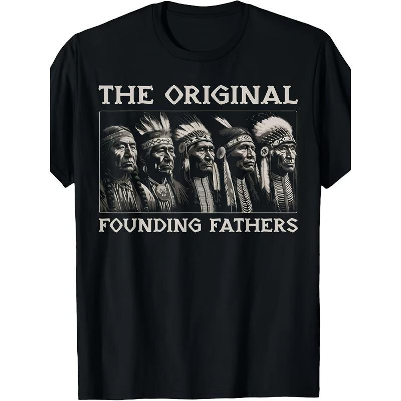 

European sizes The Original Founding Fathers Vintage Native T-Shirt - Black Retro Graphic Tee with Tribal Heads Design 4XL чорний