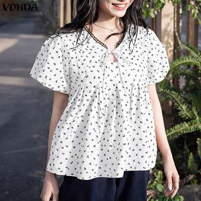 Women Summer Short Sleeve Floral Print Casual Ruffled T-shirts Tops