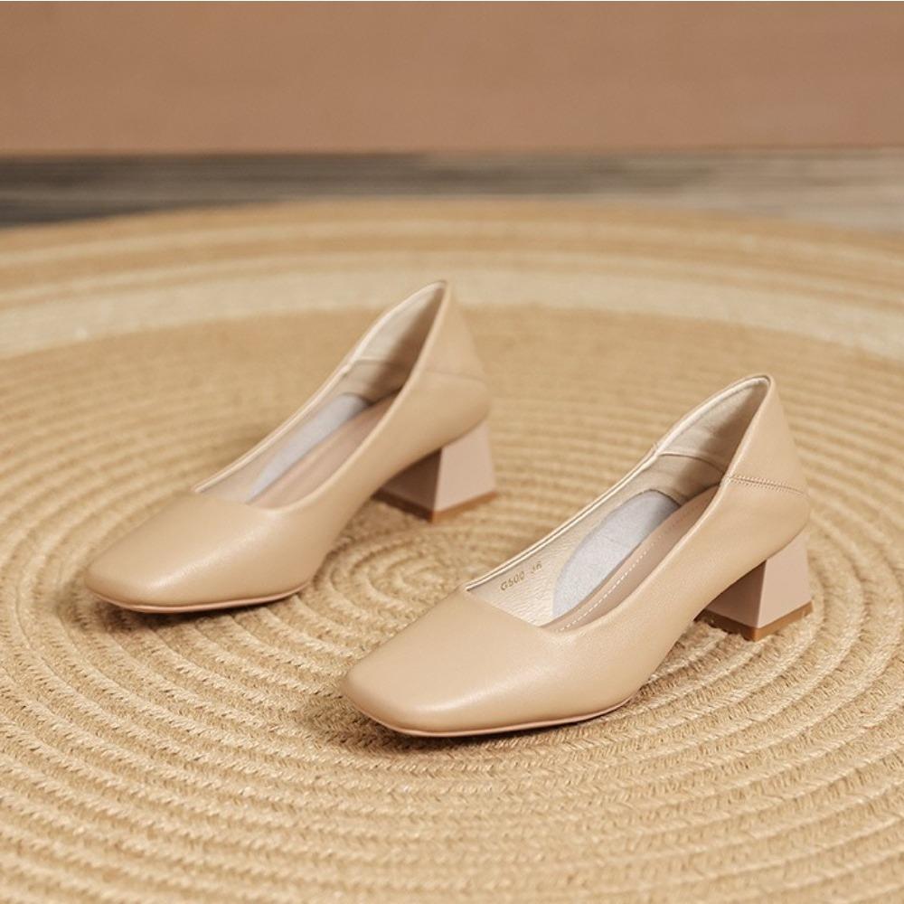 Leather Pumps Women's 2025 New Spring Professional Commuting Thick Heel Medium Heel Square Head Shallow Mouth Work Women's Shoes