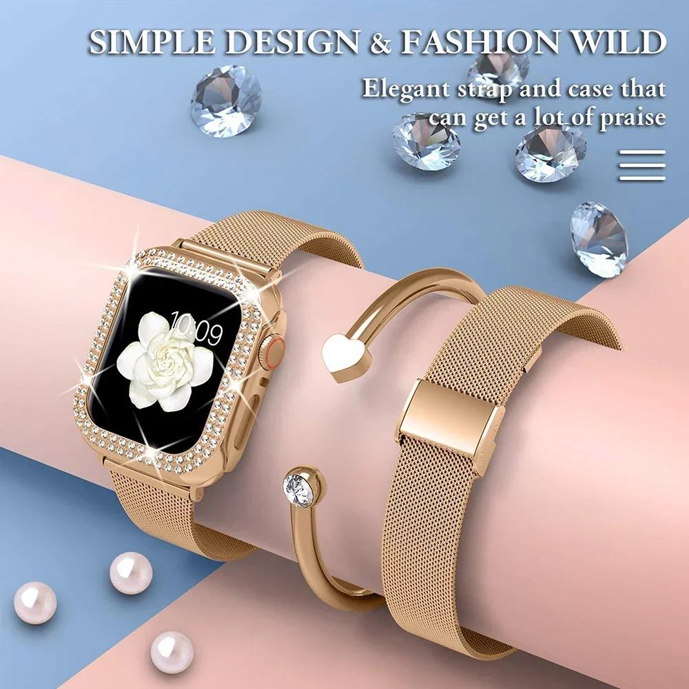 Diamond Case+Metal Strap For iWatch Ultra 2 Band 49mm 41mm 40mm Stainless Steel Bracelet For Apple Watch 9 8 7 45mm 44mm 42mm