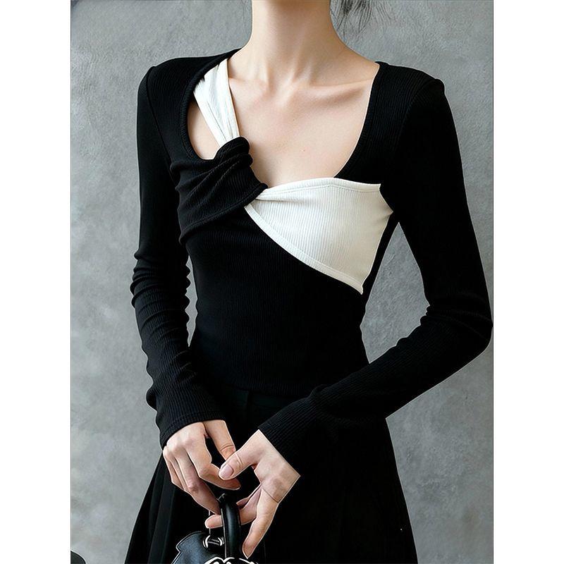 

Irregular Contrasting Color Bottoming Shirt for Women Autumn Winter Slimming T-Shirts Long-sleeved Top S чорний