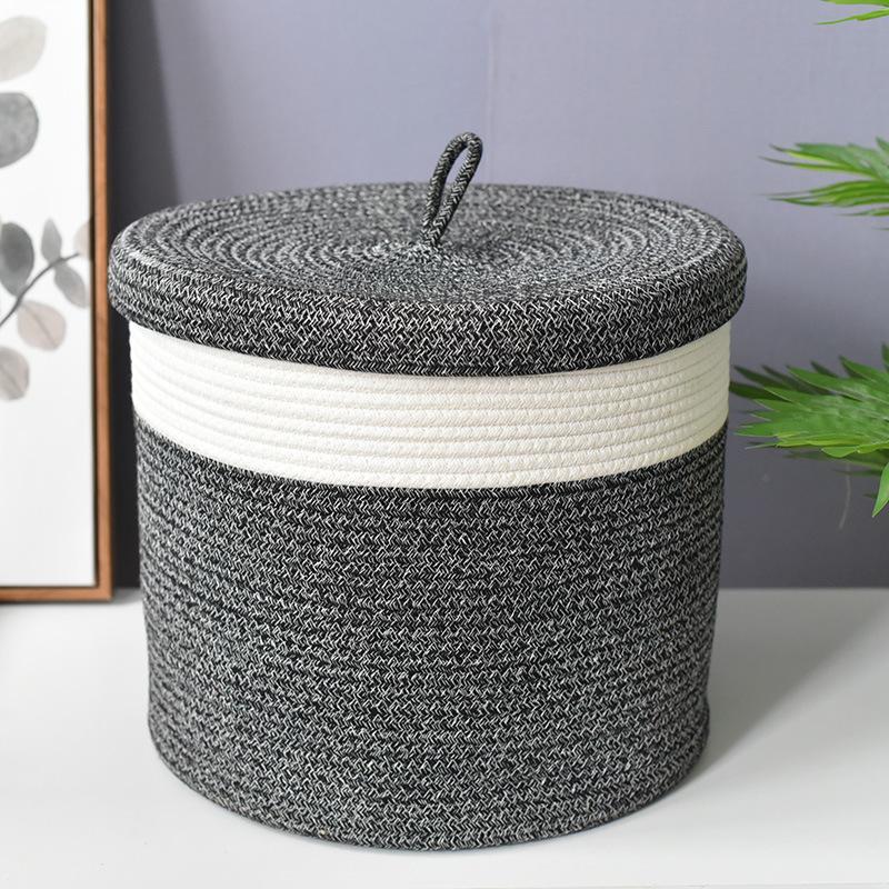Cotton Rope Storage Basket with Lid Large Capacity Collapsible Laundry Storage Bag Organizer for Living Room Bedroom Kids Toys