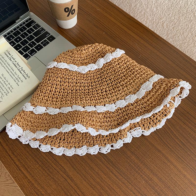 Straw Bucket Hat Women's Summer Hollow Breathable Straw Hat Summer Sun Hat Big Head Circumference Sun Protection Bucket Hat Tide