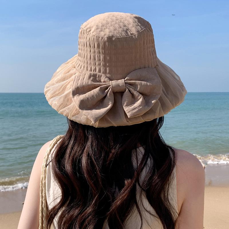 Summer new hat women's sunshade sunscreen bow bucket hat breathable mesh seaside beach sun hat