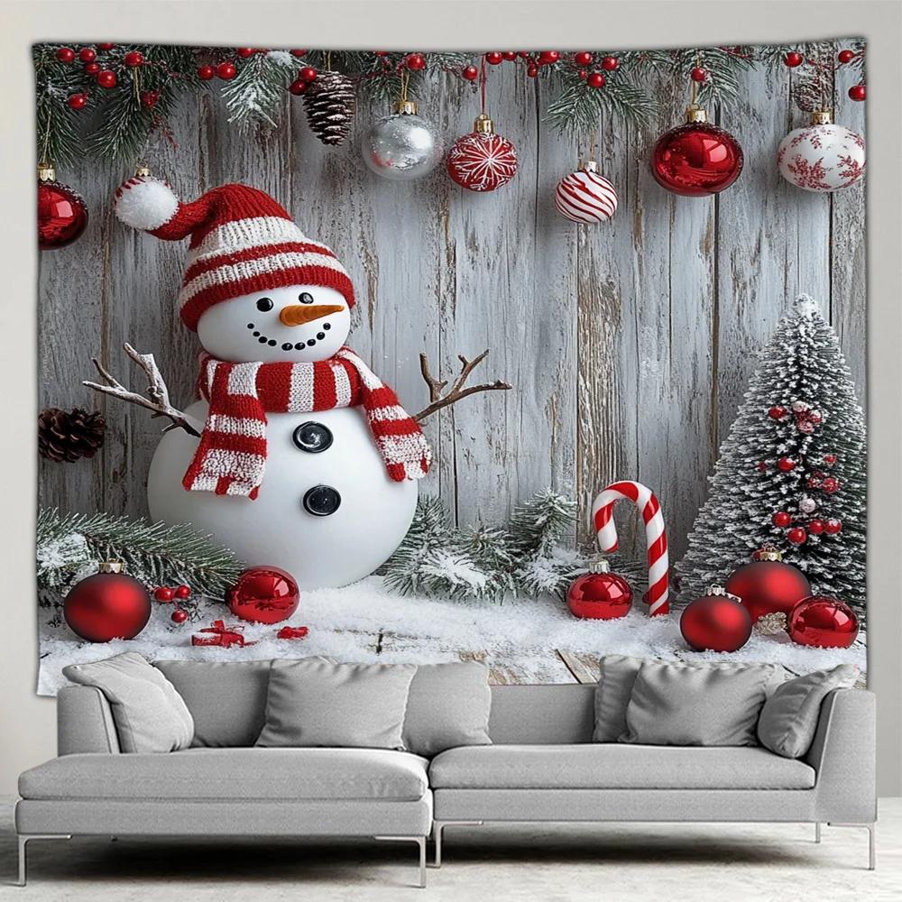 Cute Snowman Christmas Tapestry Xmas Tree Gifts Red Curtains Window Winter Scenery New Year Home Living Room Decor Wall Hanging
