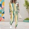 Women Plus Size Printed Round Neck Long Sleeve Two Piece Set Cuffed Top Cuffed Pants With Pockets