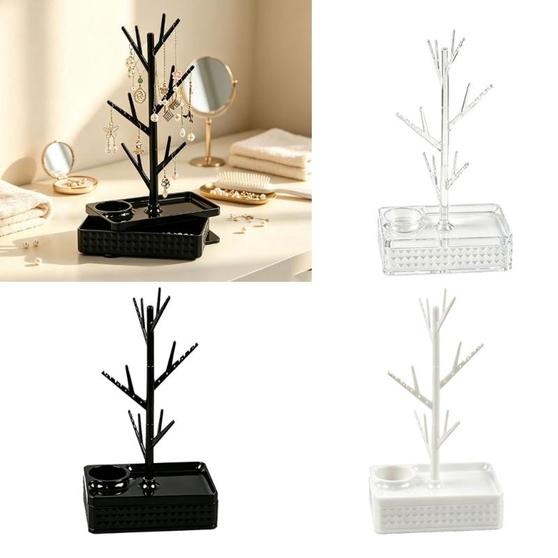 Tree Jewelry Stand for Dresser Storage with Rotating Branch Display and Bottom Tray, Daily Necklace Bracelet Holder