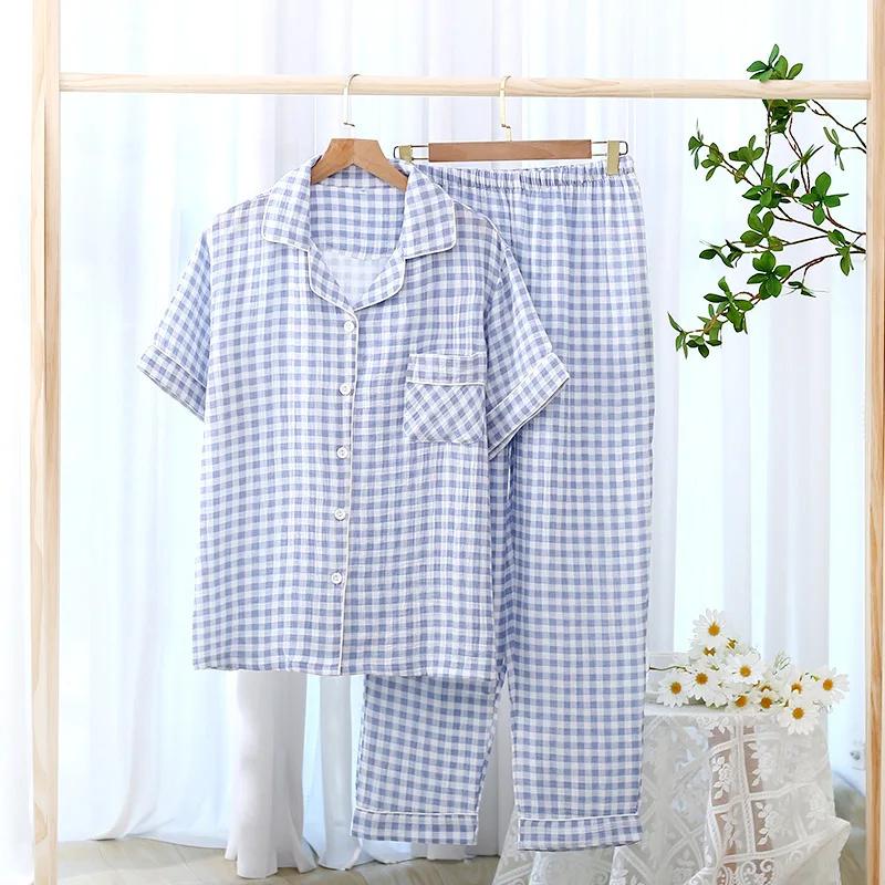 Cotton Plaid Design Men's Trouser Pajamas Homewear Suit for Autumn Thin Short-Sleeved Trousers Plaid Homewear Pyjamas Men