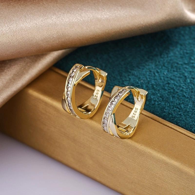 Classic Crossed White Zircon Round Stone Hoop Earrings For Women Vintage Gold Color Ear Buckle Wedding Jewelry Valentine Gifts