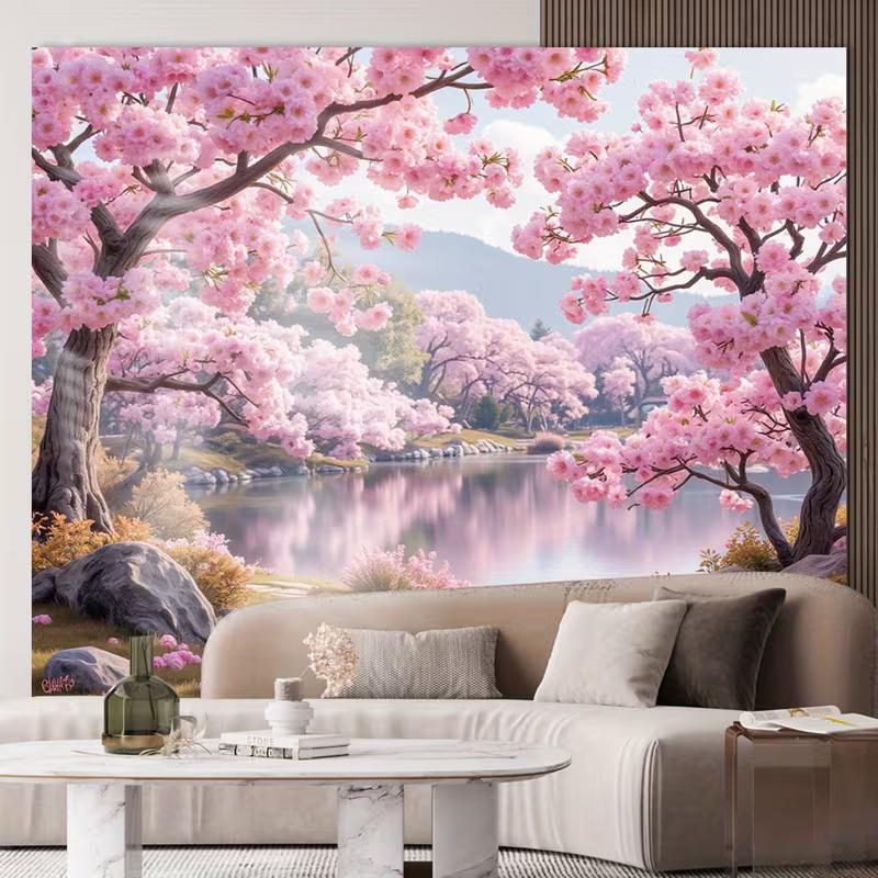 

2D Asian Style Cherry Blossom Lake Tapestry Romantic Pink Sakura Tree Wall Art for Aesthetic Room Decor and Party Backdrop 47.2x31.5inch/120*80cm