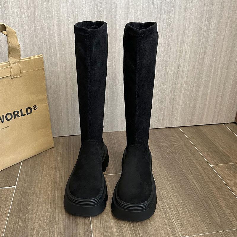 Autumn Winter Vintage Knee-High Long Boots Brown Platform Suede Stretch Boots Versatile Slip on Botas for Women Bottes Femmes