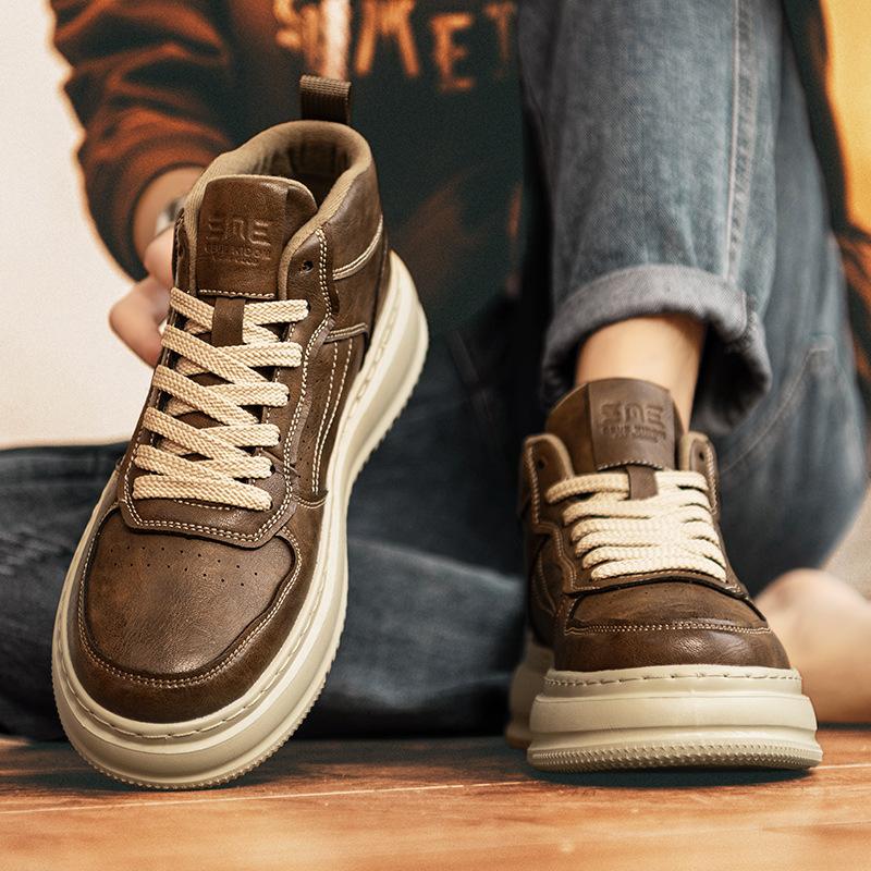 High-top Men's Trendy Shoes Versatile British Style Men's Thick-soled High-end Martin Boots Casual Sports Non-slip Leather Board Shoes