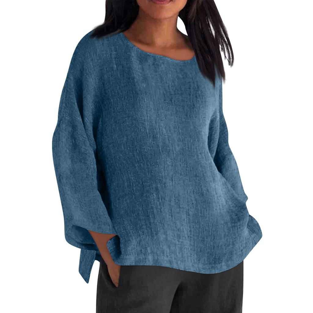 Long Sleeved Round Neck Solid Color Top Cotton and Linen Women’s Blouses & Shirts