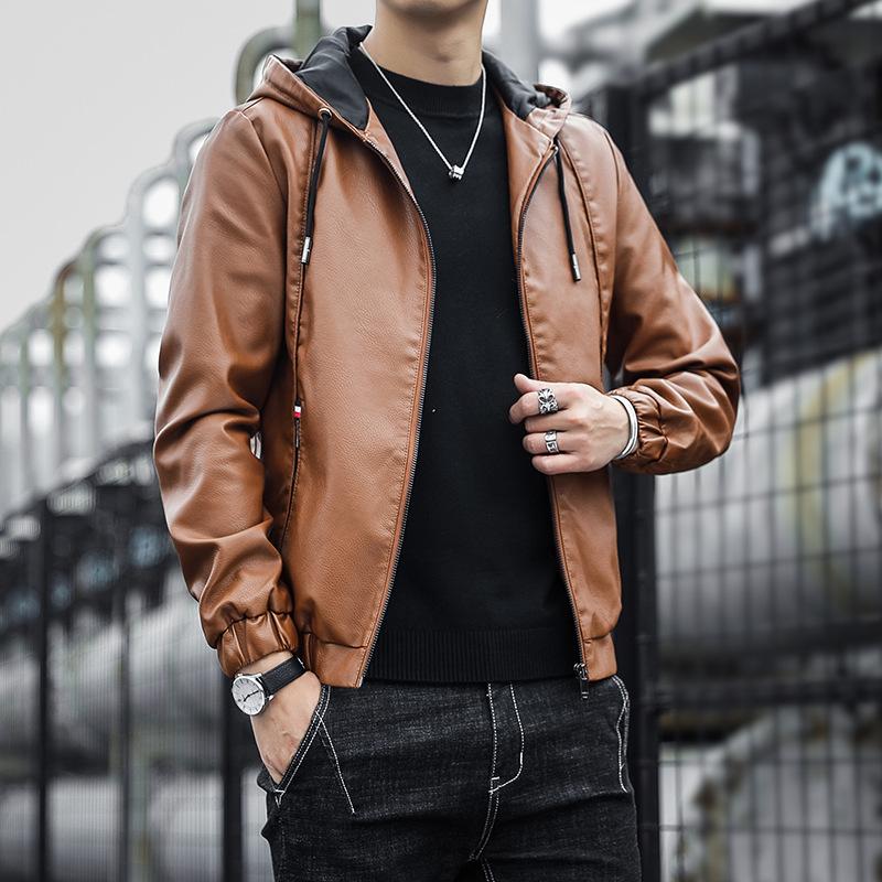 Hooded Leather Men's New Autumn and Winter Korean Version of Thin Velvet Leather Jacket Trend Casual Motorcycle Wear Cargo Coat