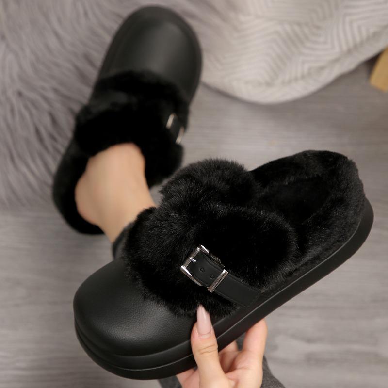 Fashion Cotton Mow Winter New Round Head Deep Mouth Metal Buckle Waterproof Platform Plush Half Mow