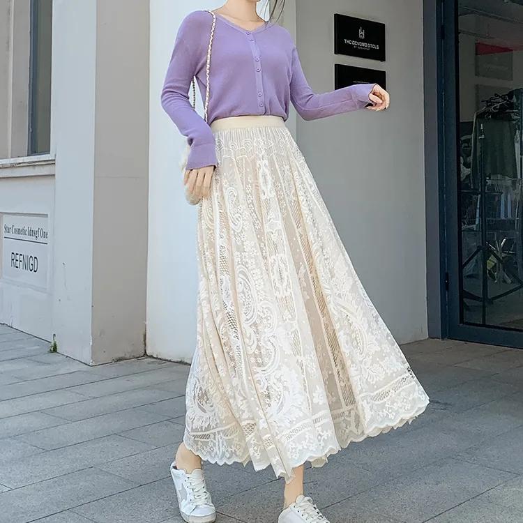 

WTEMPO Кружевная женская милая черно-белая плиссированная длинная женская юбка макси с высокой талией XL абрикосовый