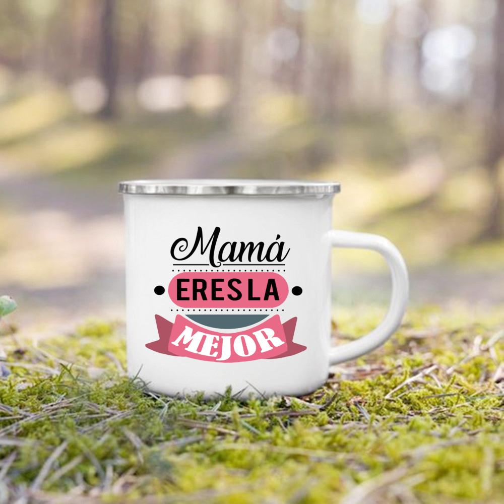 Creative Coffee Cups Best Mom In The Word Spanish Print Mug Camping Handle Mugs Handle Enamel Cup Festive Birthday Gifts for Mom
