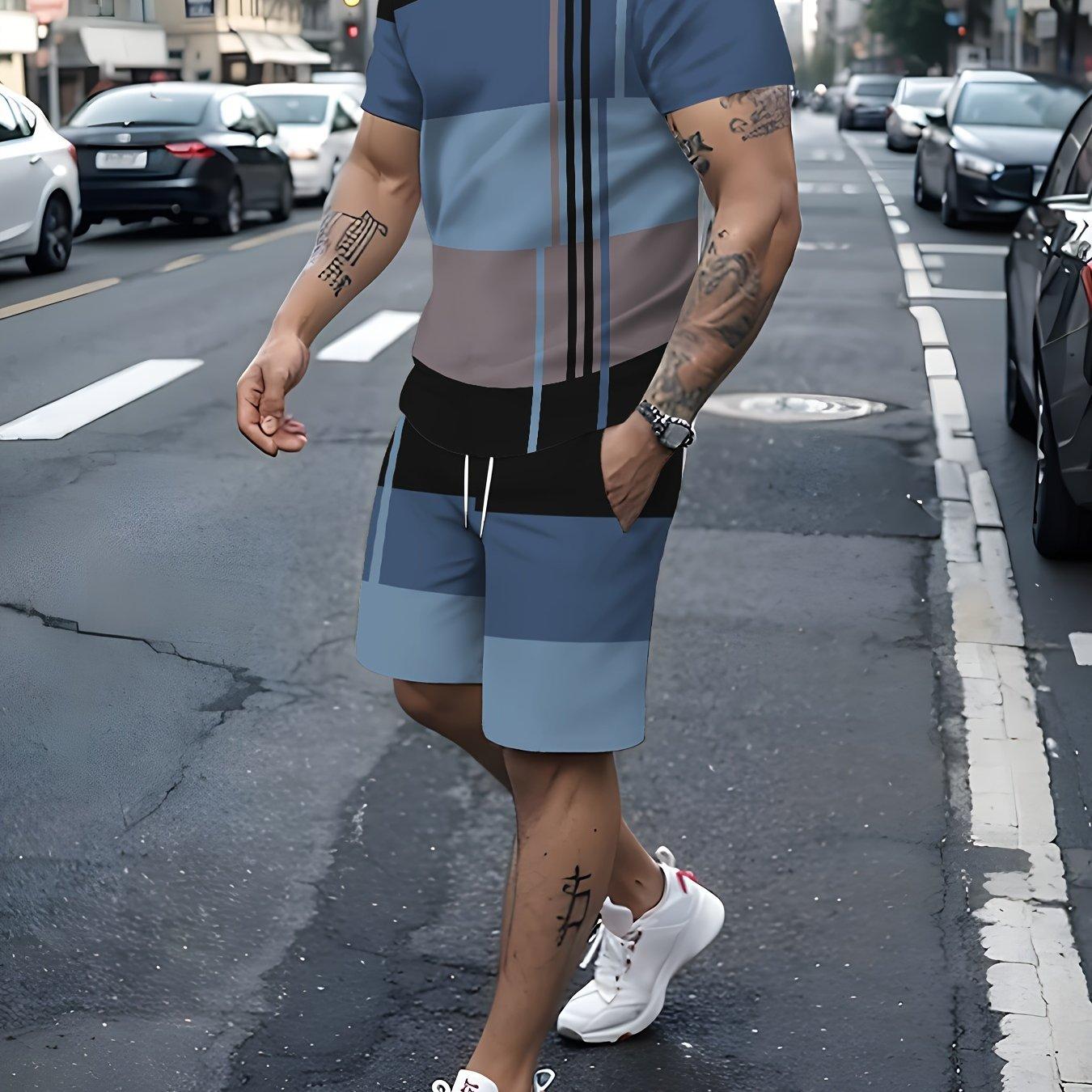 

Комплект из 2 предметов для лета с цветными блоками для мужчин - дышащая футболка с коротким рукавом и круглым вырезом 6XL