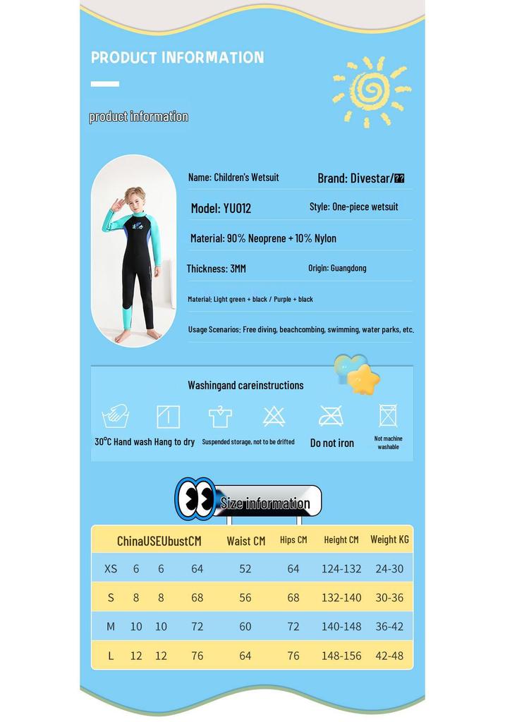 Traje de neopreno completo para niños de 3 mm: Protección contra el frío y las medusas, Calidez, para Buceo Libre, Snorkel, Surf, Natación; Mangas largas y pantalones