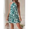 Womens Sleeveless Backless Floral Print Halter Neck A-Line Mini Dress