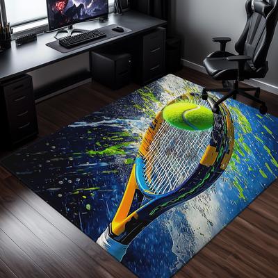 Tennis Racket and Ball Design Crystal Velvet Carpet for Gaming Room Office Decor Sport Themed Rug Modern Home Decoration 3D