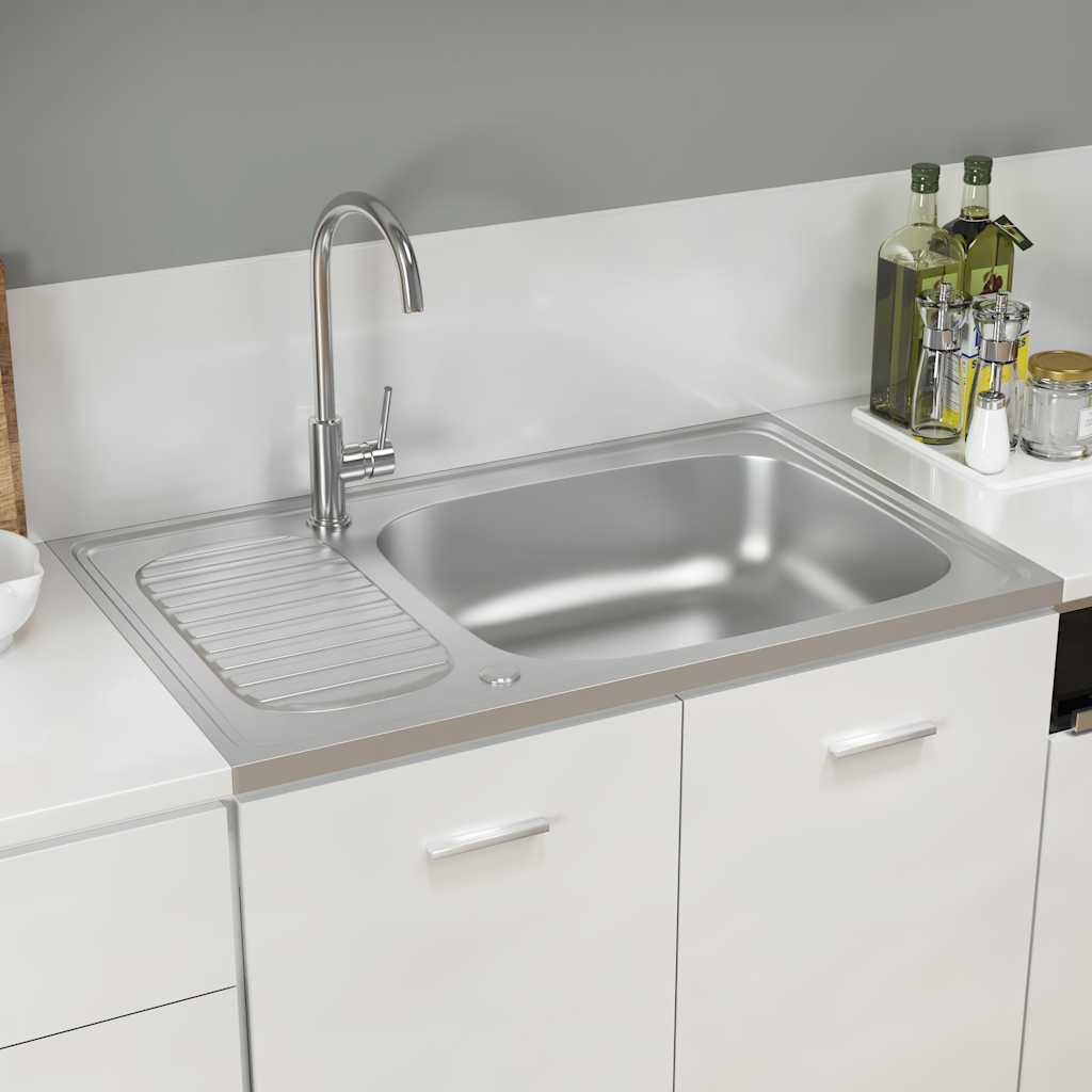 Vidaxl Kitchen Sink with Drainer, Silver, 800X500X155 Mm, Steel