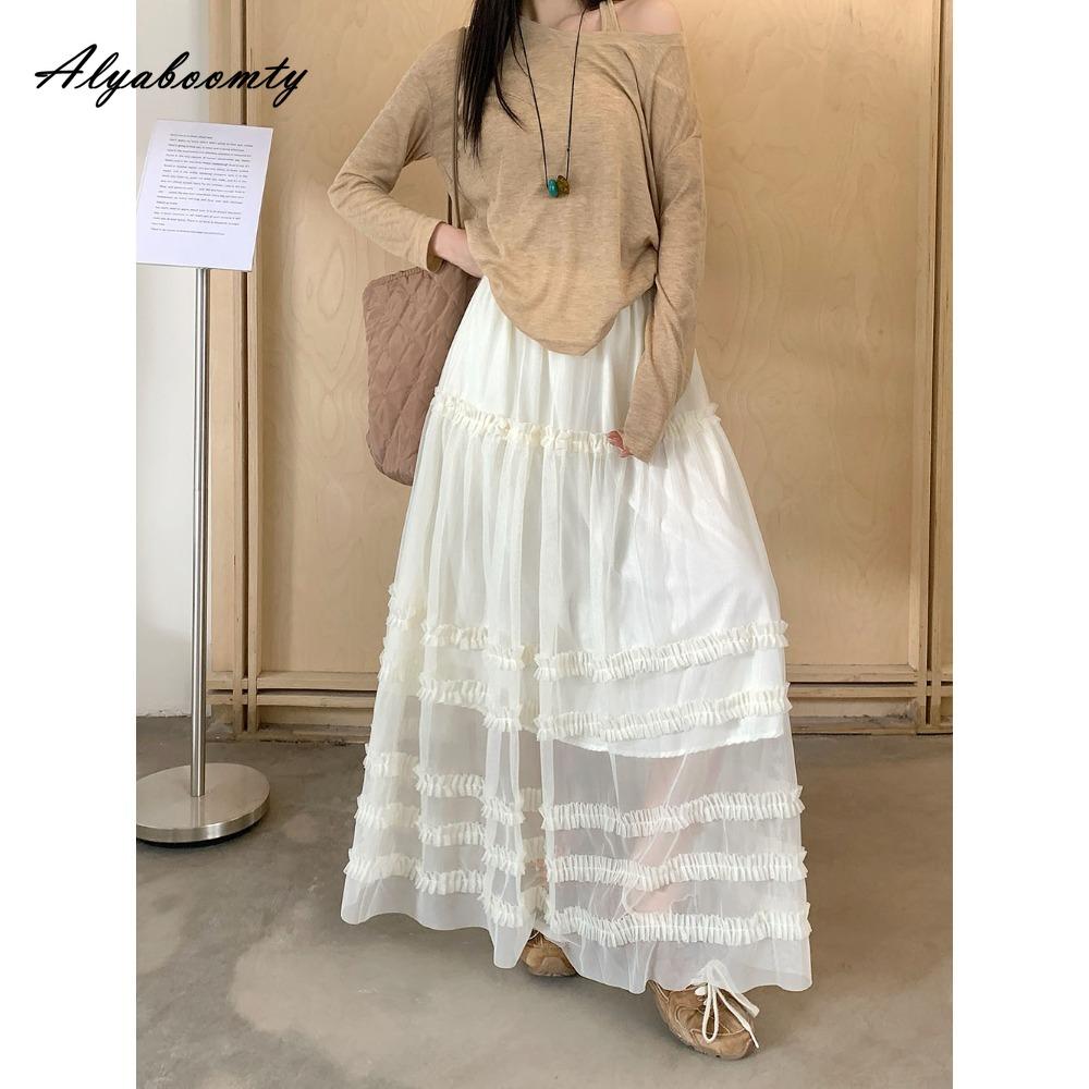 Весна-Лето 2026 Женская Макси Длинная Сетчатая Юбка Эластичная Талия Зеленая Желтая Черная Бежевая Многослойная Воланы Балетная Юбка Женственная Вечеринка Женская Юбка One Size бежевый