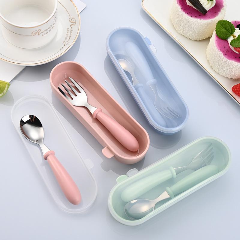 Child's Portable Cutlery Set with Cartoon Handle - Stainless Steel Fork and Spoon Gift Box for Kindergarten Feeding