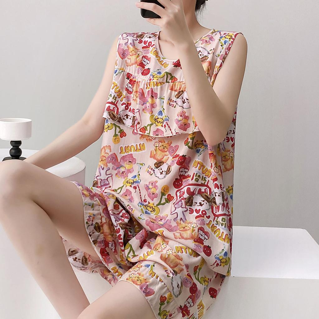 Anti-bumping Pajamas Women's Summer Vest Shorts Set Cotton and Silk Loungewear Can Be Worn Outside Loose Large Size Sweet and Cute
