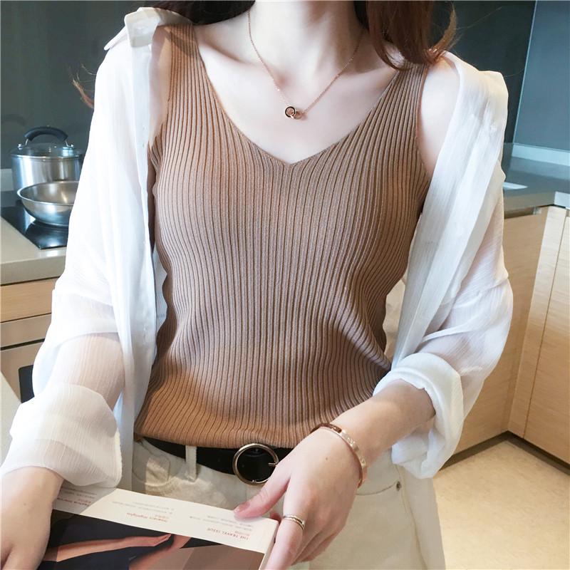 Women V-neck Halter Top Women's Summer Inside Knit Bottoming Shirt Sleeveless Tops Outside