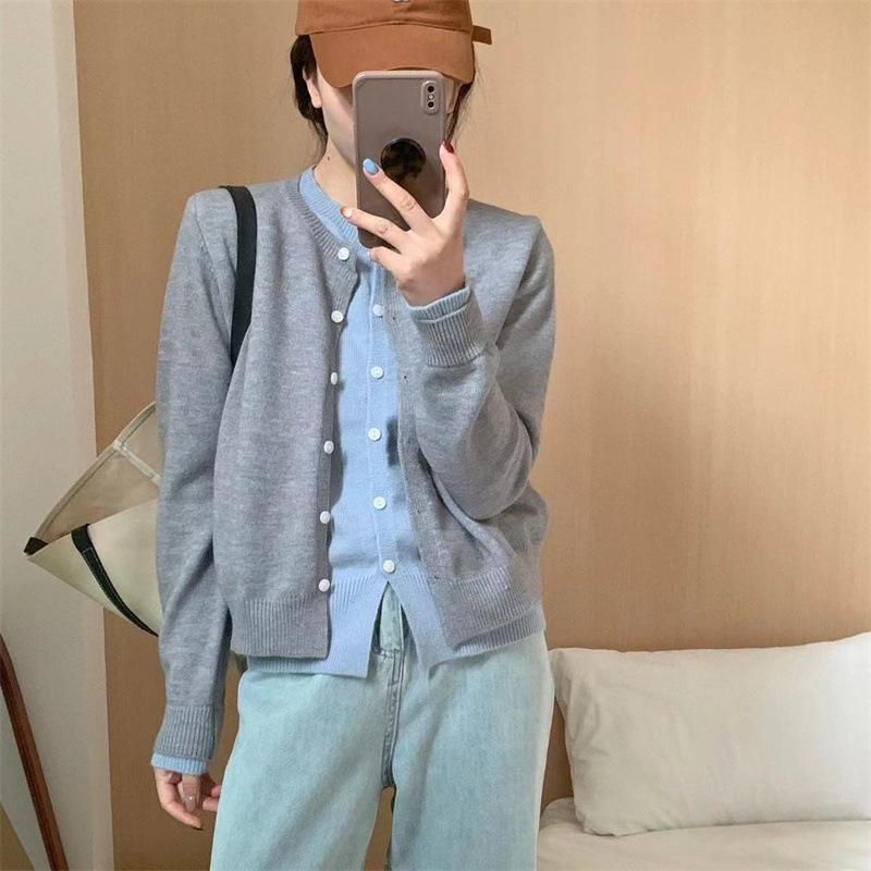 Fake two-piece knitted cardigan sweater jacket women's autumn crew neck slim-fitting versatile design splicing top women